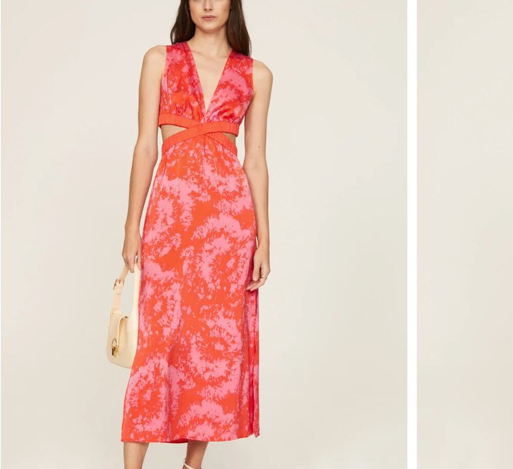 Thakoon Red Pink Satin Floral Midi Dress Size 6 Tropical Cutout Vacation $375